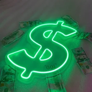 Ljusstark grön neon dollar skylt med hundradollarsedlar