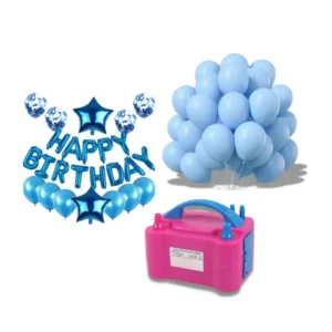 Blå födelsedagsfest kit med ballonger, Happy Birthday-girlang och elektrisk ballongpump