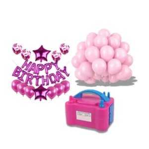 Rosa födelsedagsfest kit med ballonger, Happy Birthday-girlang och elektrisk ballongpump